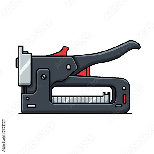 A detailed illustration of a heavy-duty staple gun, showcasing its ergonomic handle and robust construction.