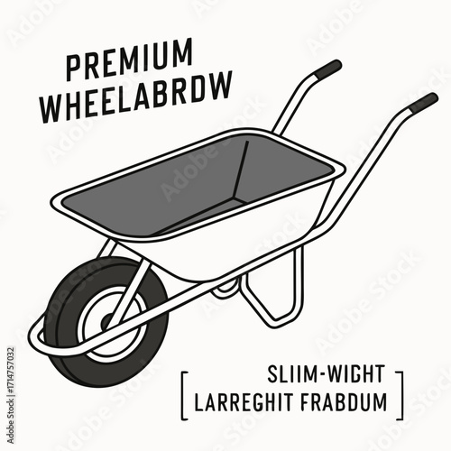 Modern line art illustration of a premium lightweight wheelbarrow for garden and construction work