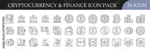 Cryptocurrency and Finance Outline Icon Pack - Set of 36 line icons featuring coins, banks, wallets, charts, and digital currency symbols, perfect for blockchain, fintech, and investment projects.
