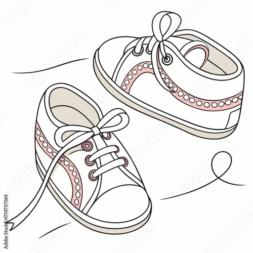 Pair of white canvas sneakers with pink accents and tied laces on a white background