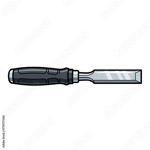 Vector illustration of a sharp metal wood chisel with a black ergonomic handle, isolated on a white background.