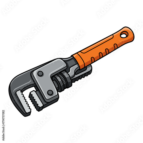 A detailed illustration of a heavy-duty pipe wrench with an orange grip, showcasing its adjustable jaws and robust construction.