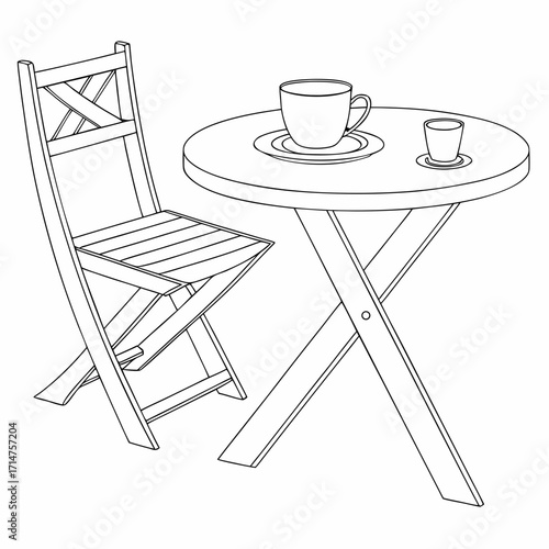 Simple line drawing of a wooden folding chair and round table with two cups of coffee
