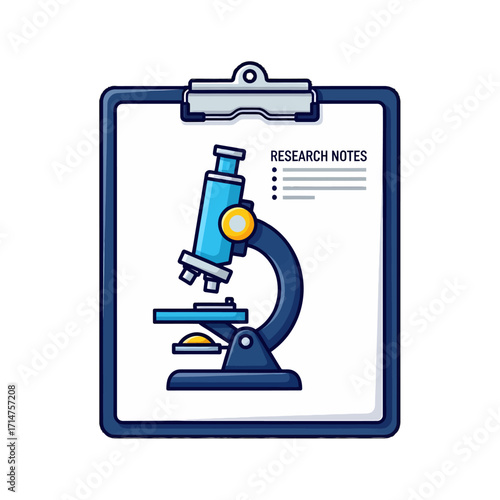 A clipboard with research notes and a microscope illustration.