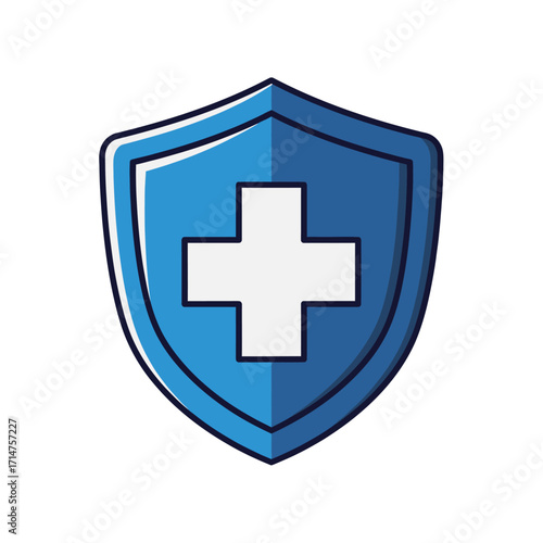 A blue shield with a white cross in the center, symbolizing health and protection.