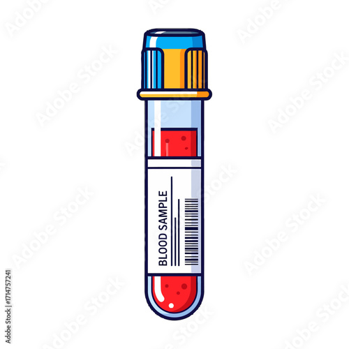 A clear illustration of a medical blood sample tube with a blue and yellow cap, containing red liquid and labeled "BLOOD SAMPLE" with a barcode.