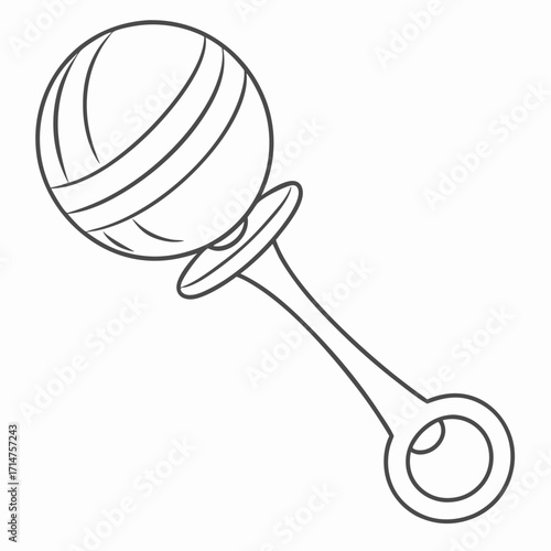 Simple outline drawing of a classic baby rattle toy with a round head and handle