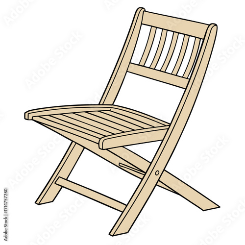 Simple wooden folding chair with slatted seat and backrest isolated on white background