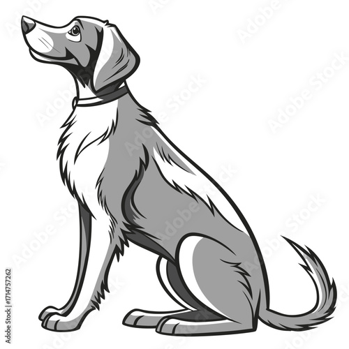 Stylized black and white illustration of a loyal dog sitting patiently and looking upwards attentively