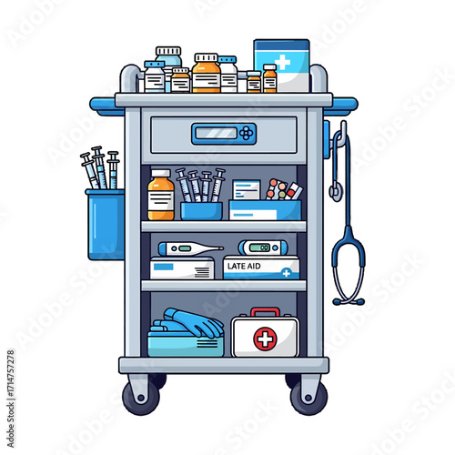 Illustration of a medical cart with supplies, including medications and a stethoscope.