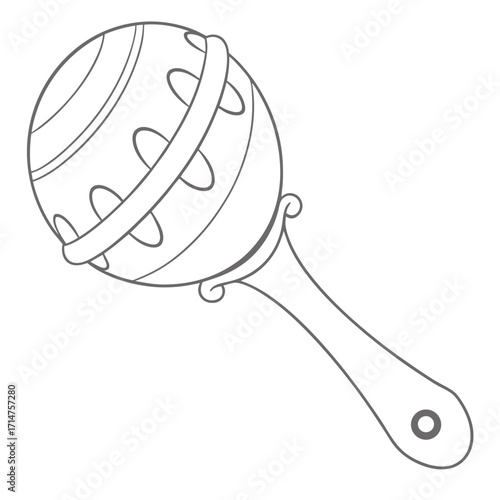 Simple outline drawing of a classic baby rattle with decorative swirls on its handle