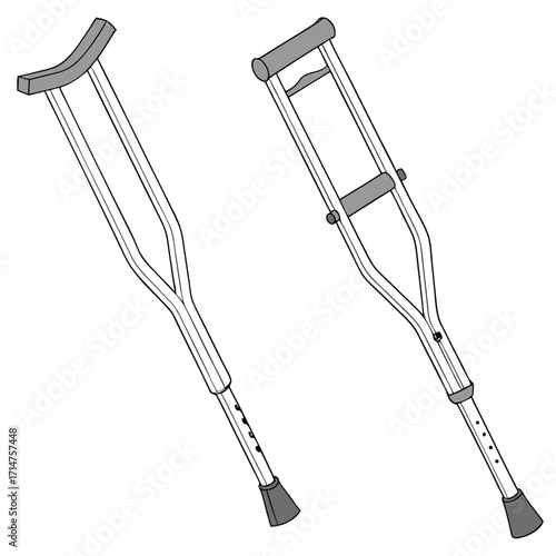 Two medical crutches one underarm and one forearm shown from a side perspective on a white background
