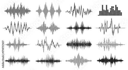 Collection of twelve sound wave visualizations, showing varying amplitudes and frequencies in a horizontal arrangement.