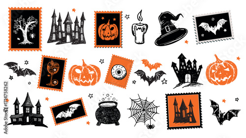 Halloween Stamps, mail, postcard hand drawn illustration