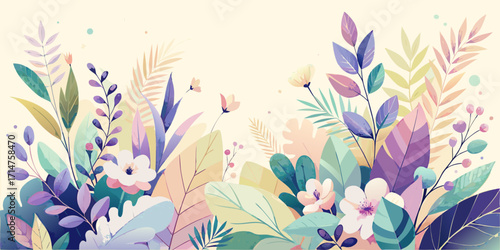 Abstract vector floral background with pink and purple flowers, a beautiful spring illustration
