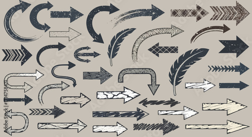 A collection of various stylized arrows with textured designs, in different shapes and orientations, on a muted background.
