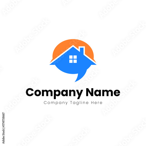 Logo design of blue house inside a speech bubble logo