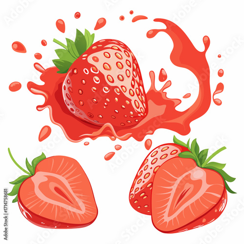 Juicy Strawberry Set with Slices and Splash Effect Illustration