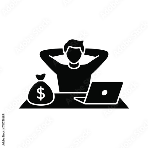 Relaxed businessman sitting at desk with laptop and money bag icon