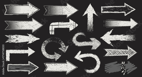 A collection of hand-drawn, textured arrows pointing in various directions on a dark background.
