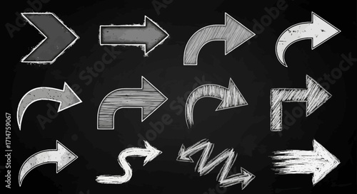 Collection of hand-drawn chalk arrows on a blackboard background, showcasing various directions and styles.