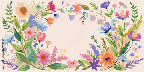 Vector seamless spring floral frame with pink butterfly decoration and blossom leaves border