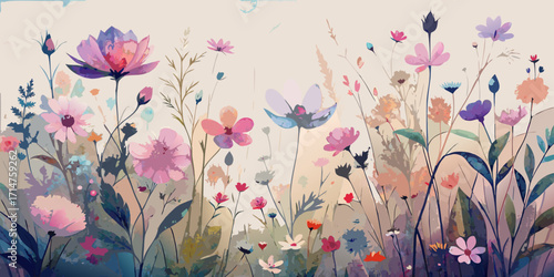 A vibrant illustration of pink floral patterns with butterflies and blossoms in a seamless spring design