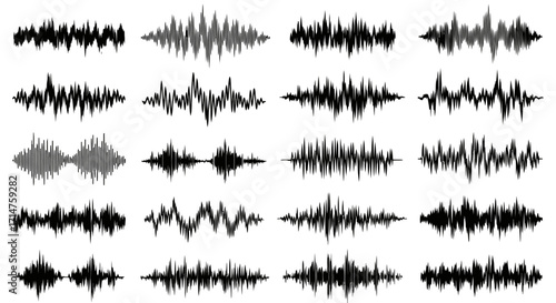 Collection of various audio waveforms, demonstrating different sound frequencies and intensities.