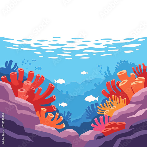 Vibrant underwater coral reef teeming with colorful marine life and clear blue ocean water.