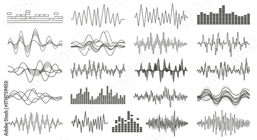 A collection of various audio wave patterns and sound visualizations displayed on a white background.