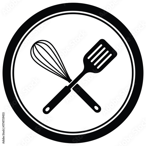 Black and white icon of crossed whisk and spatula inside a circle cooking kitchen vector