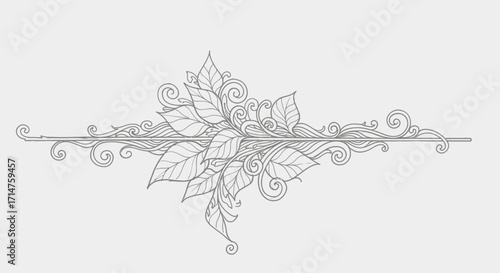 Elegant, detailed illustration of leaves and swirling decorative elements, symmetrical design.