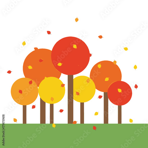 Stylized illustration of autumn trees with falling leaves.