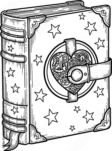 Vintage spellbook illustration with a mechanical steampunk heart lock and a star-covered binding, a fantasy grimoire line art