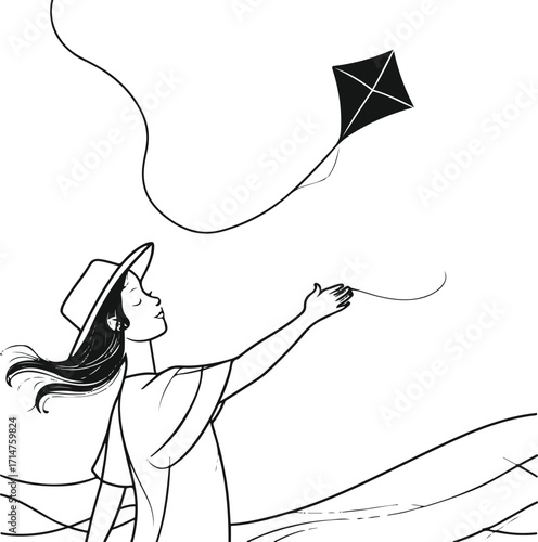 Black bold outline with white background, Minimal single line art of person flying kite on windy day 2