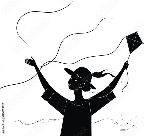 Black bold outline with white background, Minimal single line art of person flying kite on windy day 1