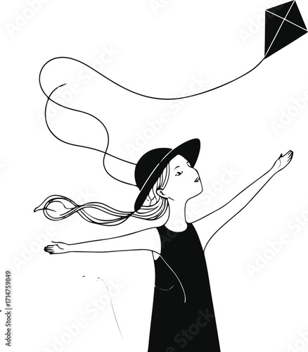 Black bold outline with white background, Minimal single line art of person flying kite on windy day