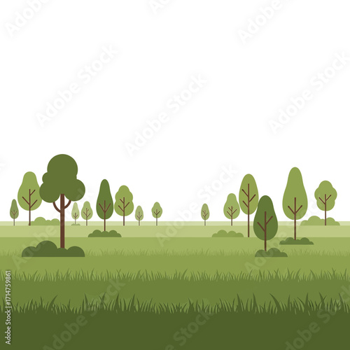 A minimalist illustration of a serene green landscape with various trees and lush grass under a clear white sky.