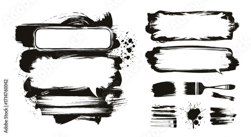 Set of black paint splatter and brushstroke graphic elements for design.