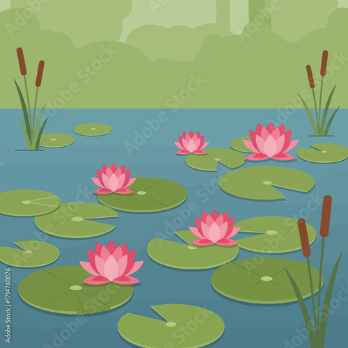 Illustration of a pond with water lilies and cattails in a serene setting.