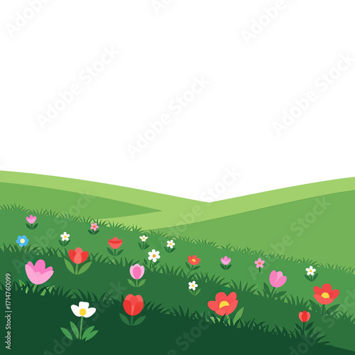 A vibrant cartoon illustration of a spring meadow with colorful flowers blooming on rolling green hills under a clear white sky.