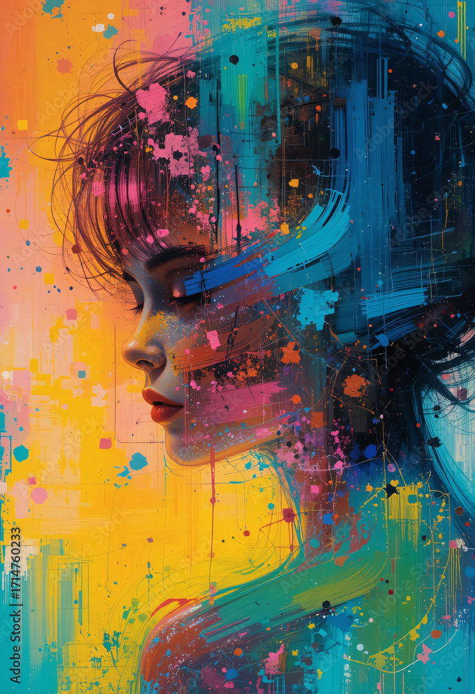 Obraz premium Abstract colorful portrait of woman in modern digital painting style with vibrant brush strokes and creative artistic background design