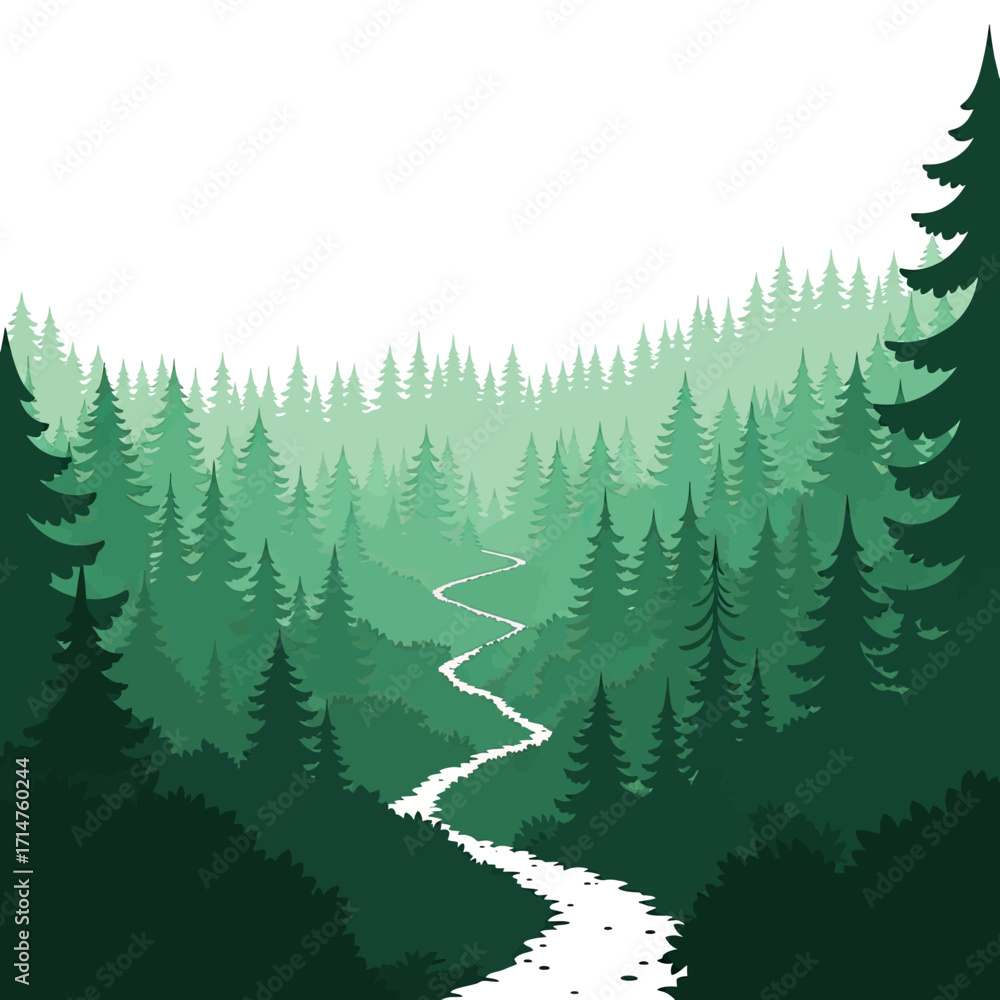 Fototapeta premium Lush green forest landscape with a winding river flowing through the trees.