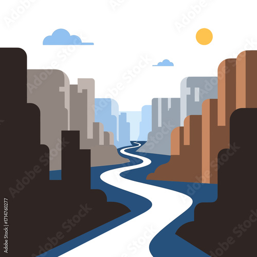 A winding river flows through a majestic canyon with layered rock formations under a bright sky.