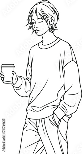 Black bold outline with white background, Minimal line art of person holding coffee takeaway cup walking 2
