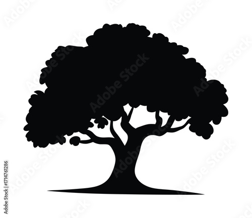 Oak tree vector icon, isolated black silhouette with wide foliage, natural design element for park, woodland, eco-friendly projects, and botanical artwork.