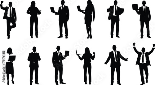Business people silhouette set, teamwork, leadership, success, office diversity, corporate communication, professional poses