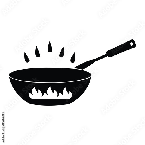 Simple black silhouette illustration of a wok pan with flames and steam rising representing cooking and culinary arts