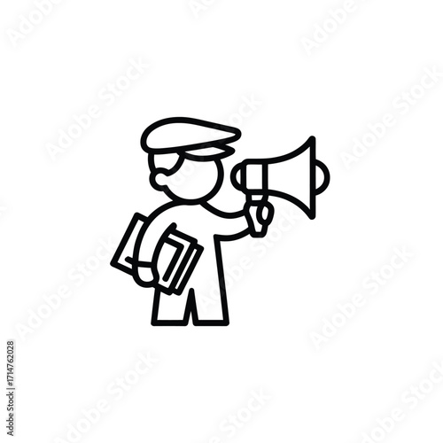 Cartoon man in cap holding megaphone and book announcing something important
