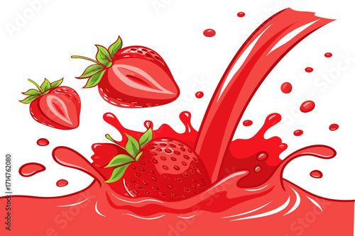 Fresh Strawberries Splashing in Juice Vector Illustration